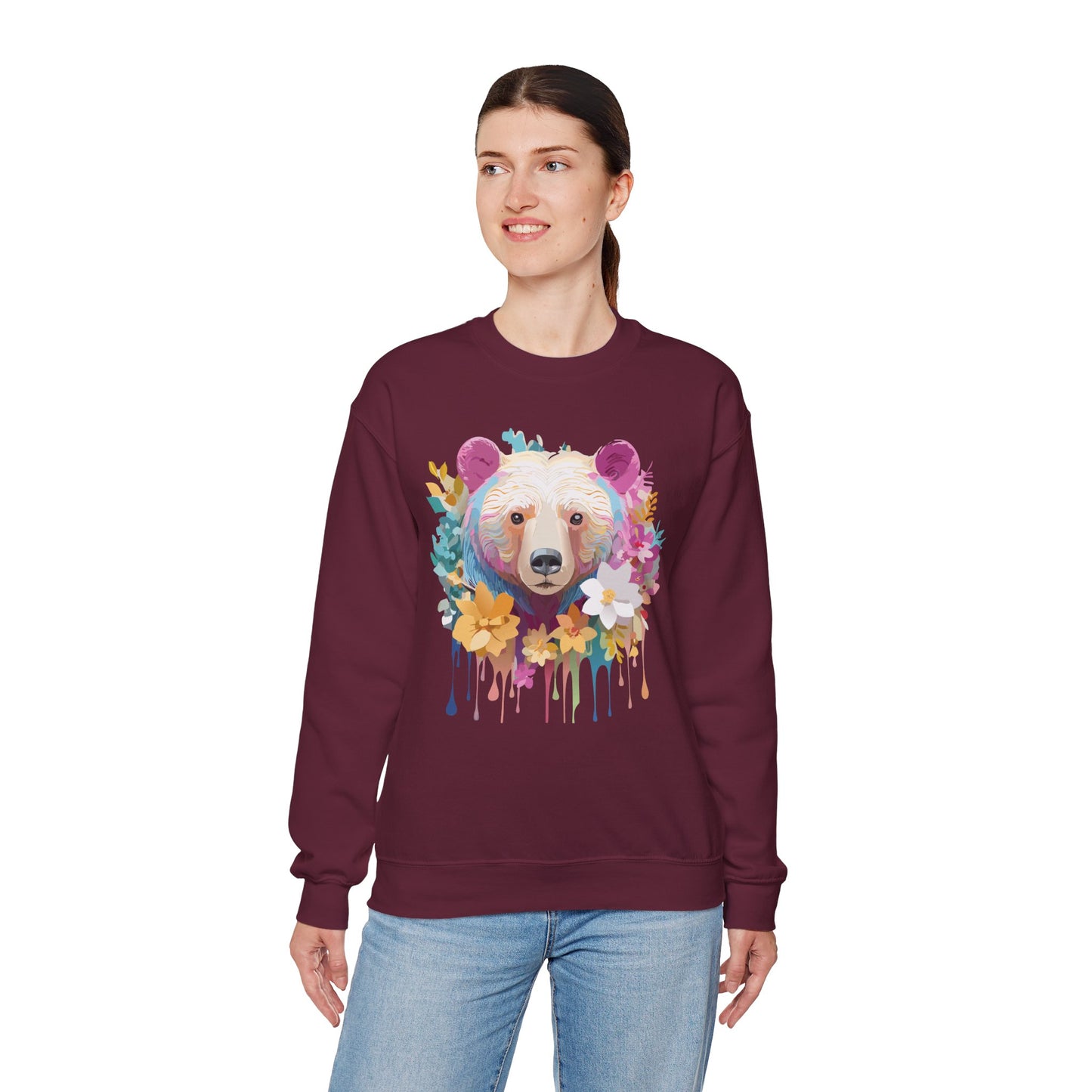 Unisex Floral Bear Sweatshirt, Animals Sweatshirt, Floral Sweatshirt, Art Design Sweatshirt