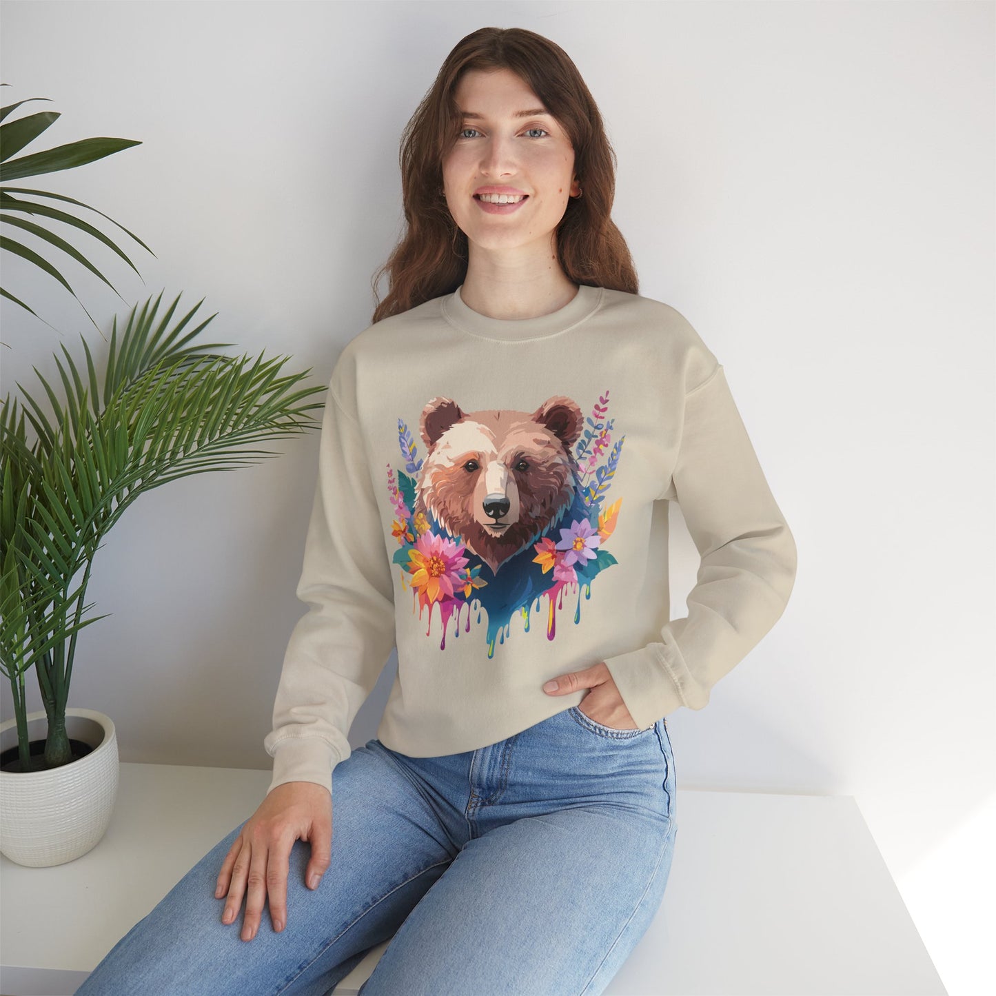 Unisex Floral Bear Sweatshirt, Animals Sweatshirt, Floral Sweatshirt, Art Design Sweatshirt