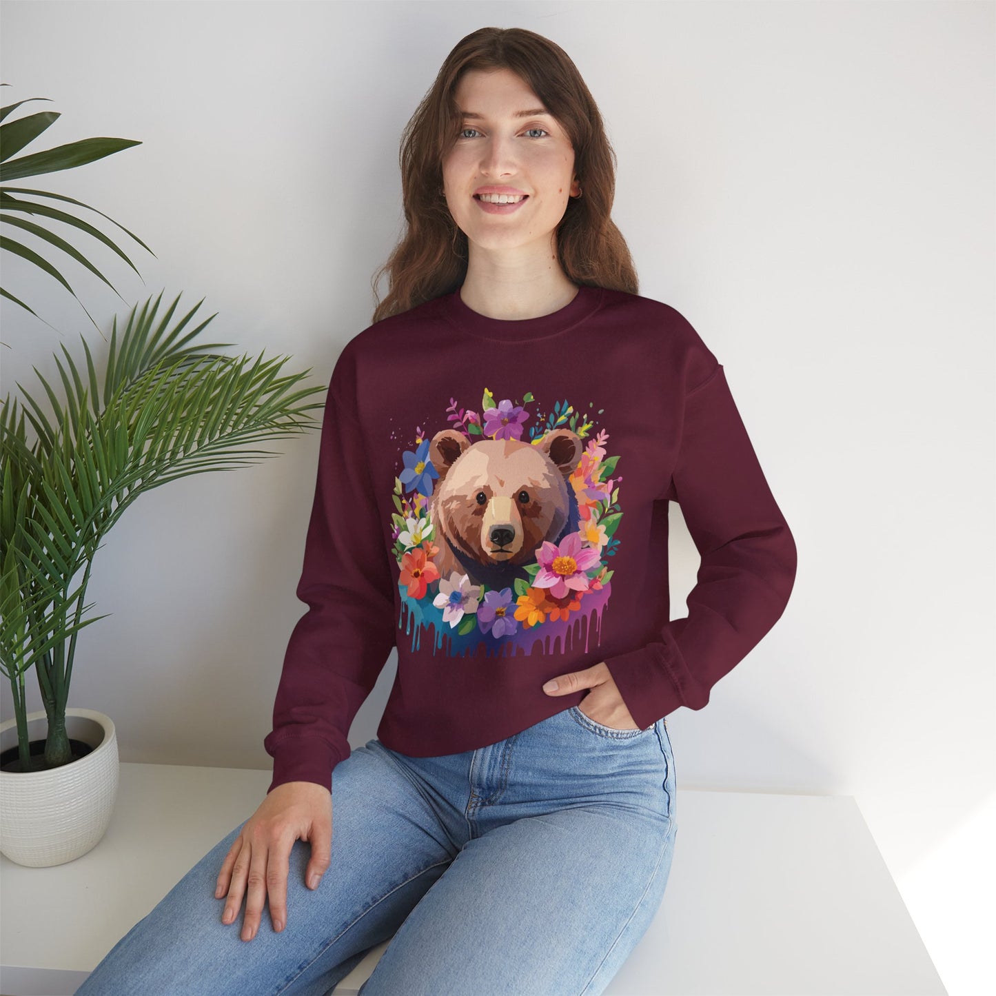 Unisex Floral Bear Sweatshirt, Animals Sweatshirt, Floral Sweatshirt, Art Design Sweatshirt