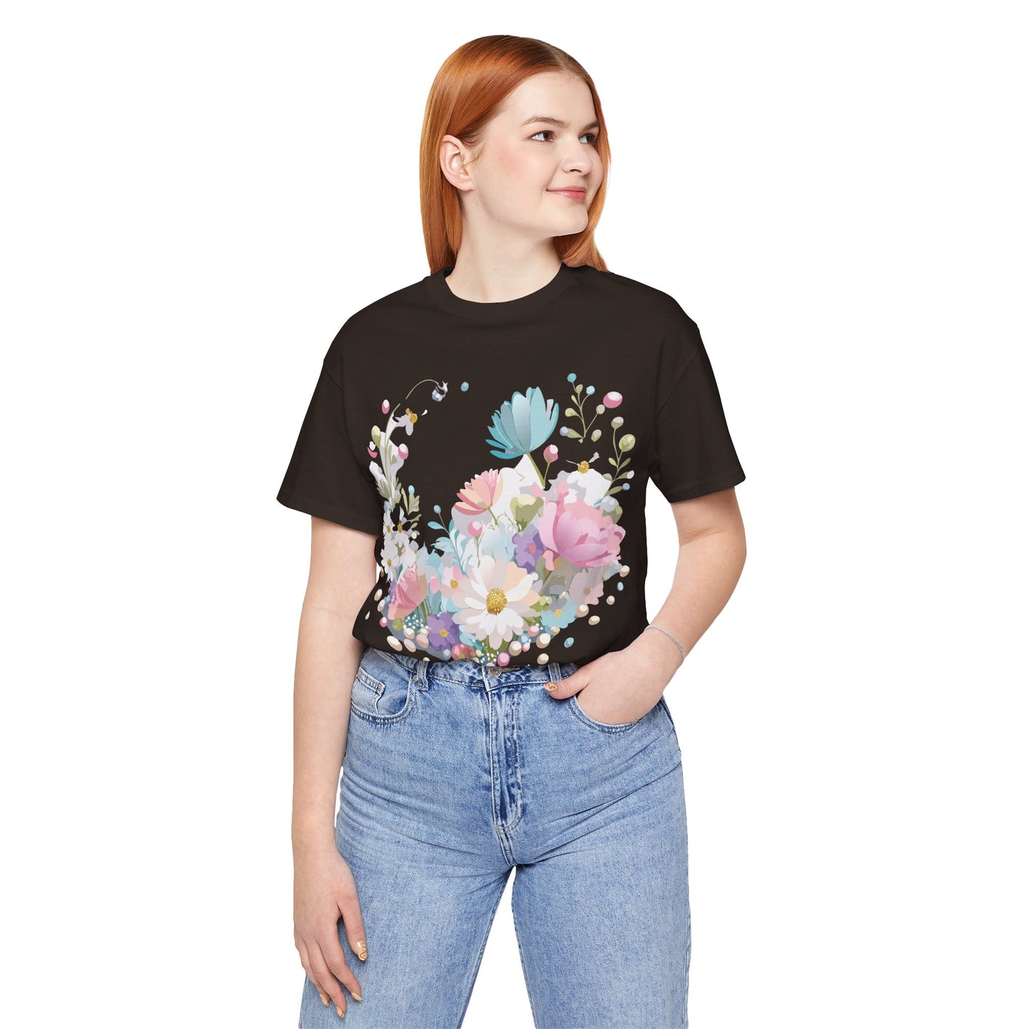 Natural Cotton Tee Shirt with Flowers