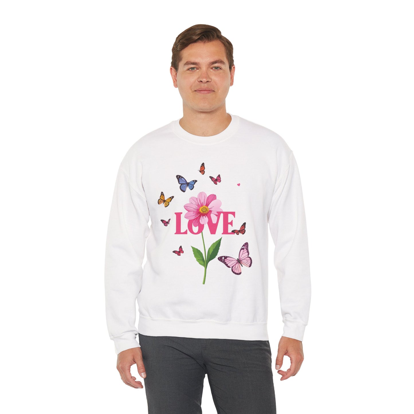 Unisex Floral Love Sweatshirt Valentines Day Cotton Poly Blend Butterfly