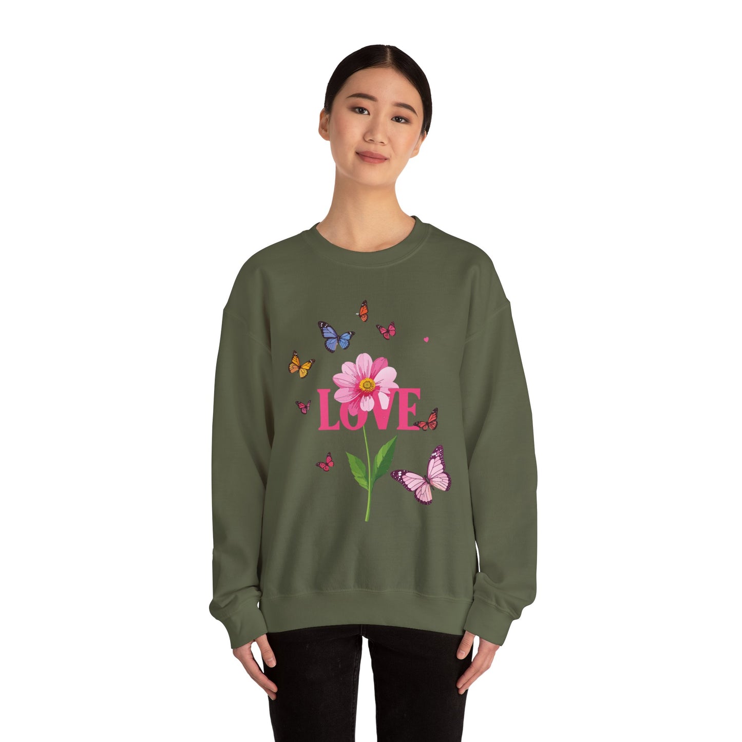 Unisex Floral Love Sweatshirt Valentines Day Cotton Poly Blend Butterfly