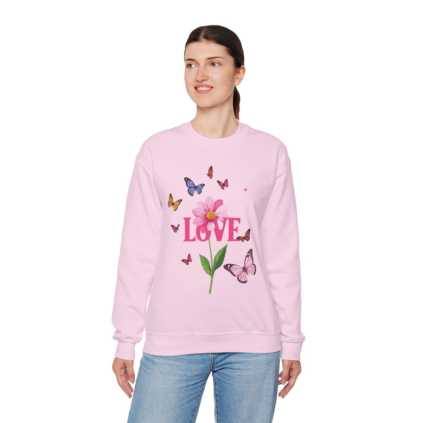 Unisex Floral Love Sweatshirt Valentines Day Cotton Poly Blend Butterfly