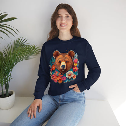 Unisex Floral Bear Sweatshirt Art Design Gildan 18000 Heavy Blend Crewneck