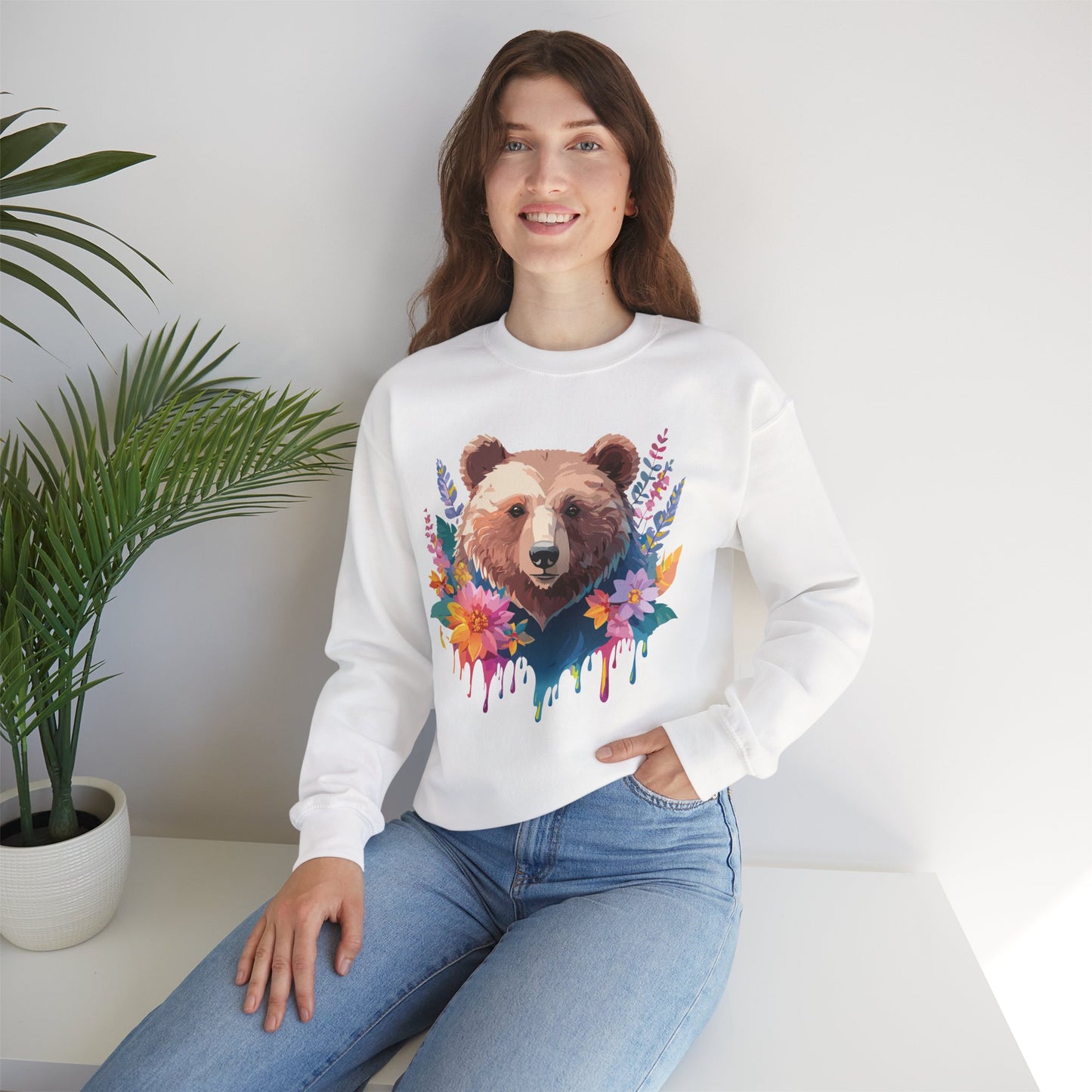 Unisex Floral Bear Sweatshirt, Animals Sweatshirt, Floral Sweatshirt, Art Design Sweatshirt