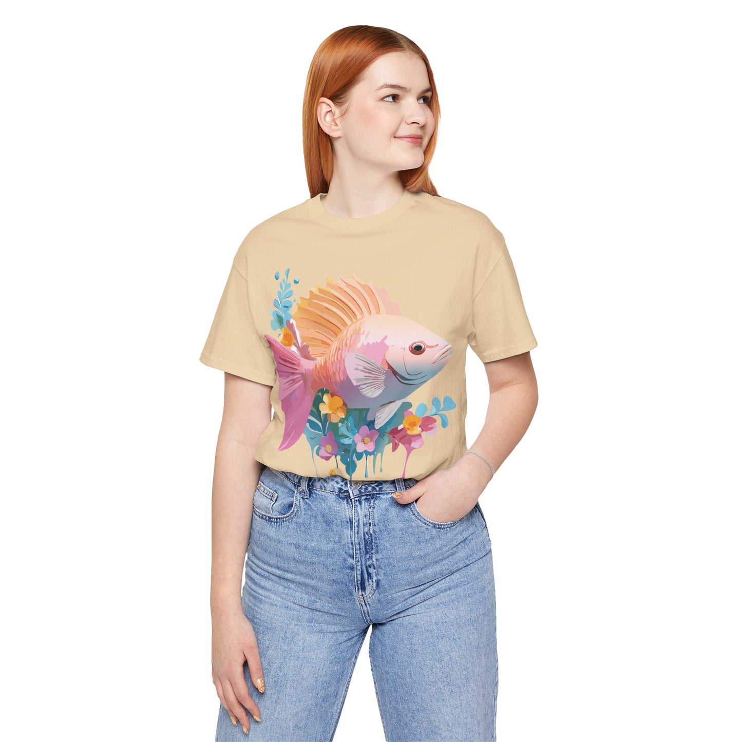 Natural Cotton Tee Shirt with Fish