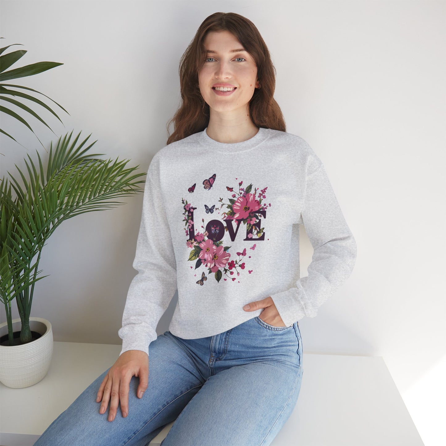 Unisex Floral Love Sweatshirt Fifty Fifty Cotton Poly Valentines Day Gift