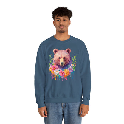 Unisex Floral Bear Sweatshirt Art Design Animals Sweatshirt Cozy Cotton Blend