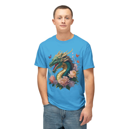 Dragon Art Design Unisex Cotton Tee With Floral Print Artwork And Dragon Graphic