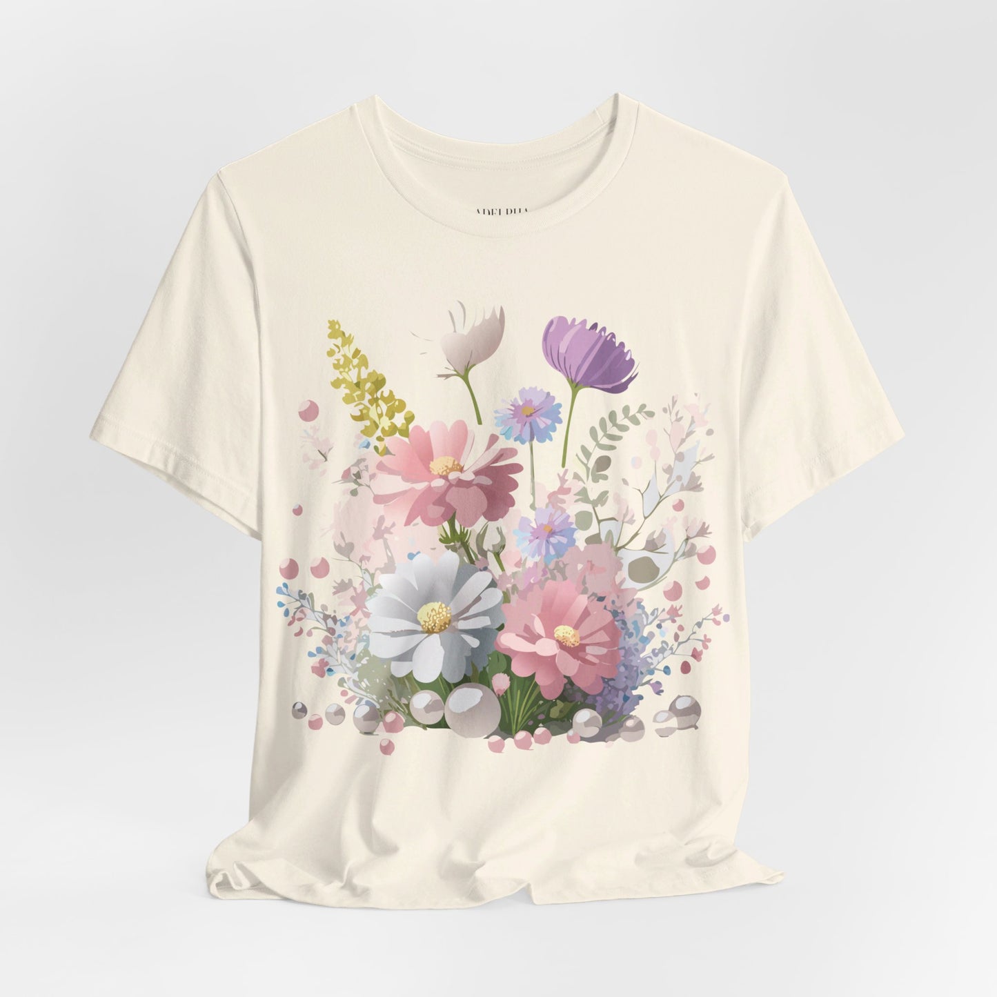 Natural Cotton Tee Shirt with Flowers