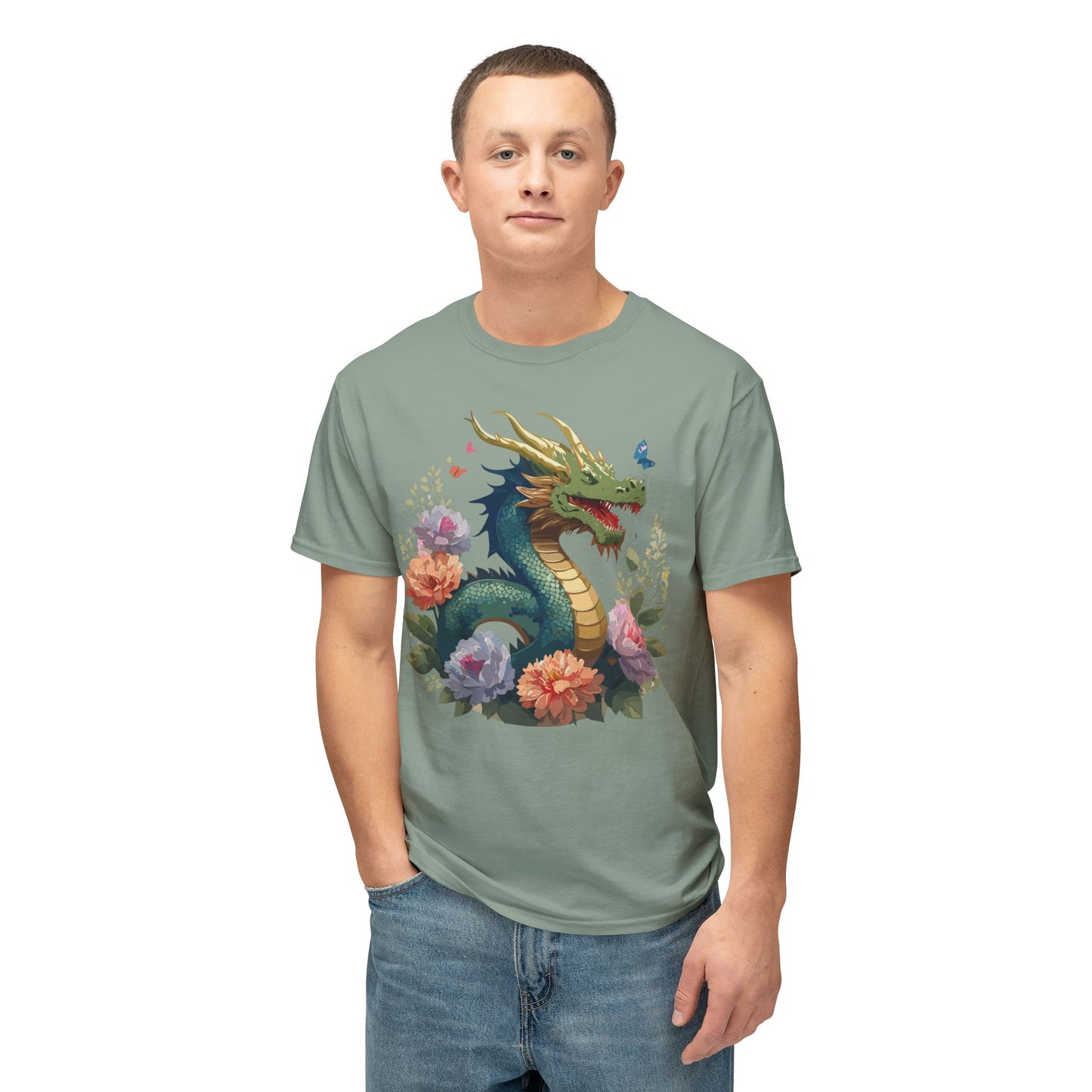 Dragon T-Shirt, Vintage Dragon Tee, Floral Tees, Dragon Art Design Shirt, Tee Shirt with Dragon 1