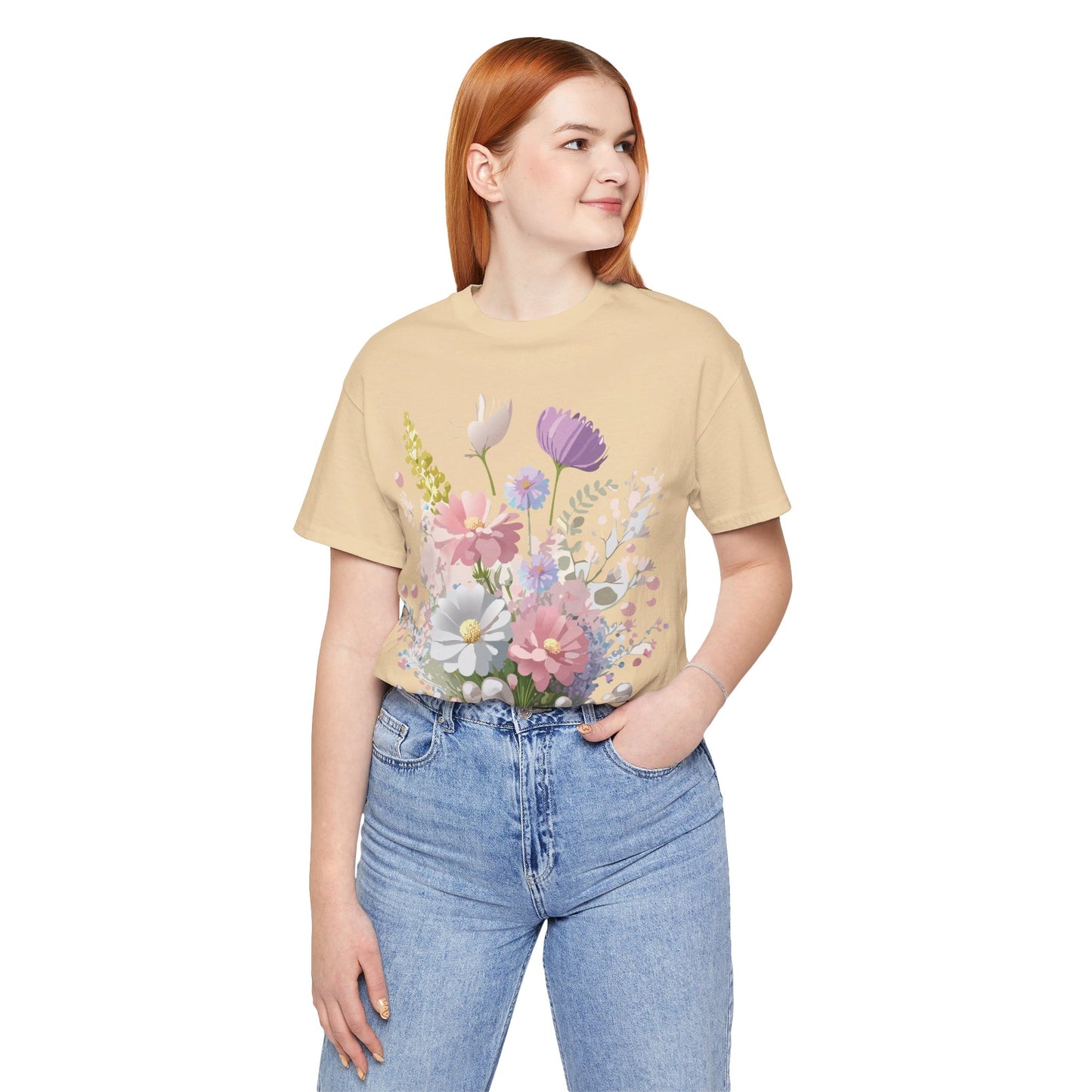 Natural Cotton Tee Shirt with Flowers