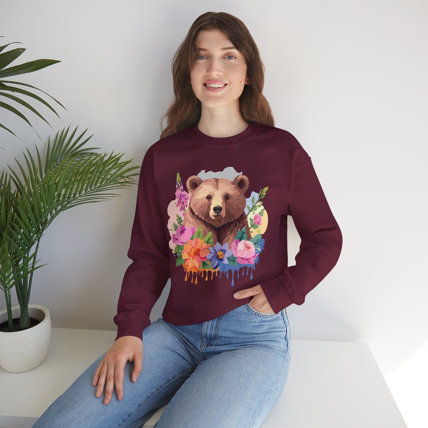 Unisex Floral Bear Sweatshirt, Animals Sweatshirt, Floral Sweatshirt, Art Design Sweatshirt