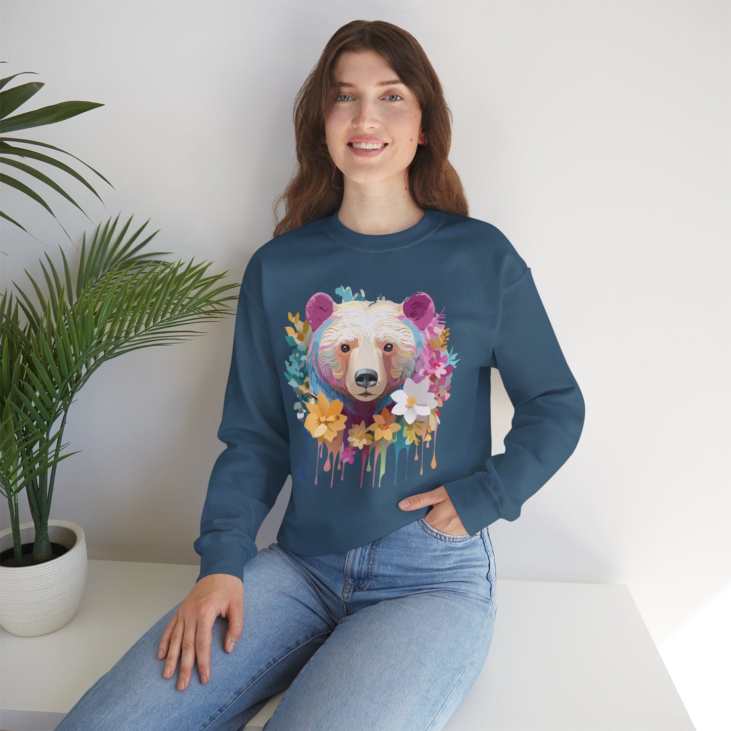 Unisex Floral Bear Sweatshirt, Animals Sweatshirt, Floral Sweatshirt, Art Design Sweatshirt