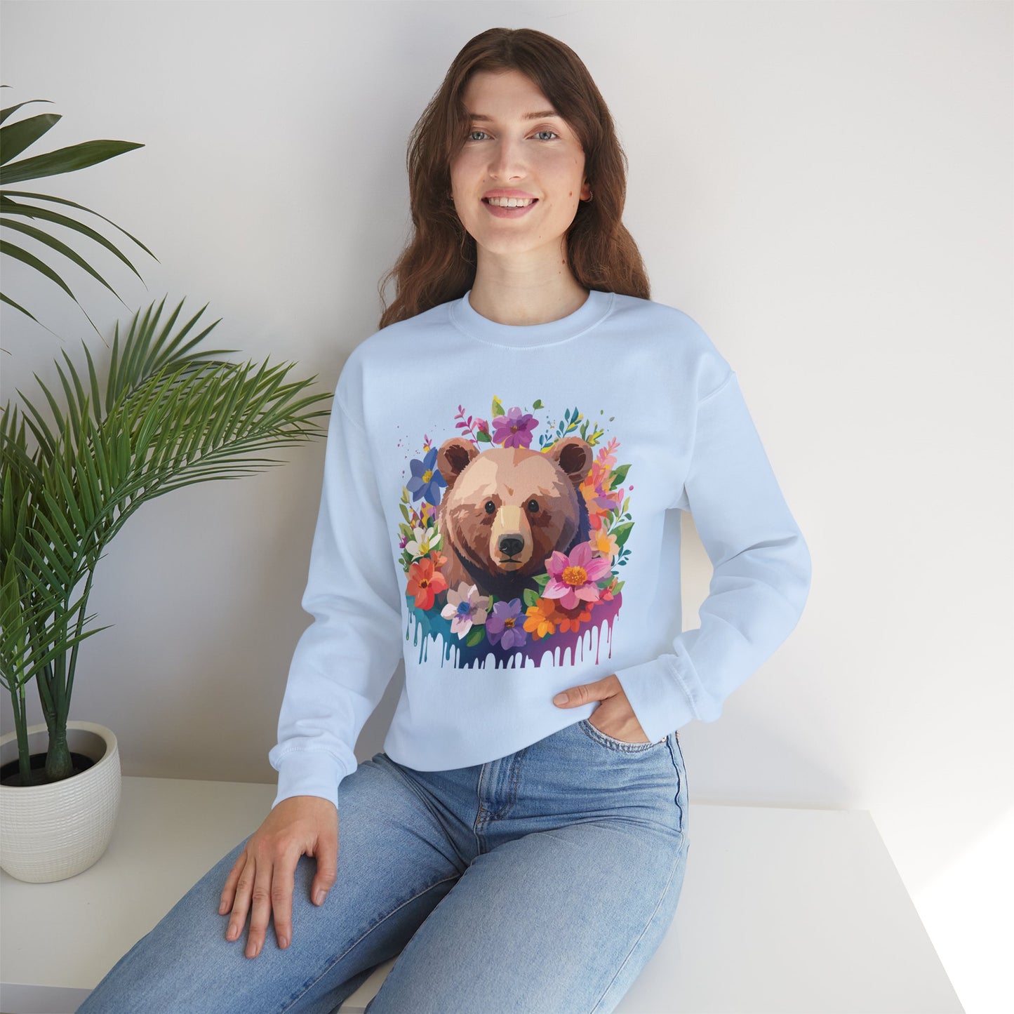 Unisex Floral Bear Sweatshirt, Animals Sweatshirt, Floral Sweatshirt, Art Design Sweatshirt