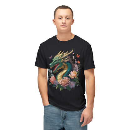 Dragon Art Design Unisex Cotton Tee With Floral Print Artwork And Dragon Graphic