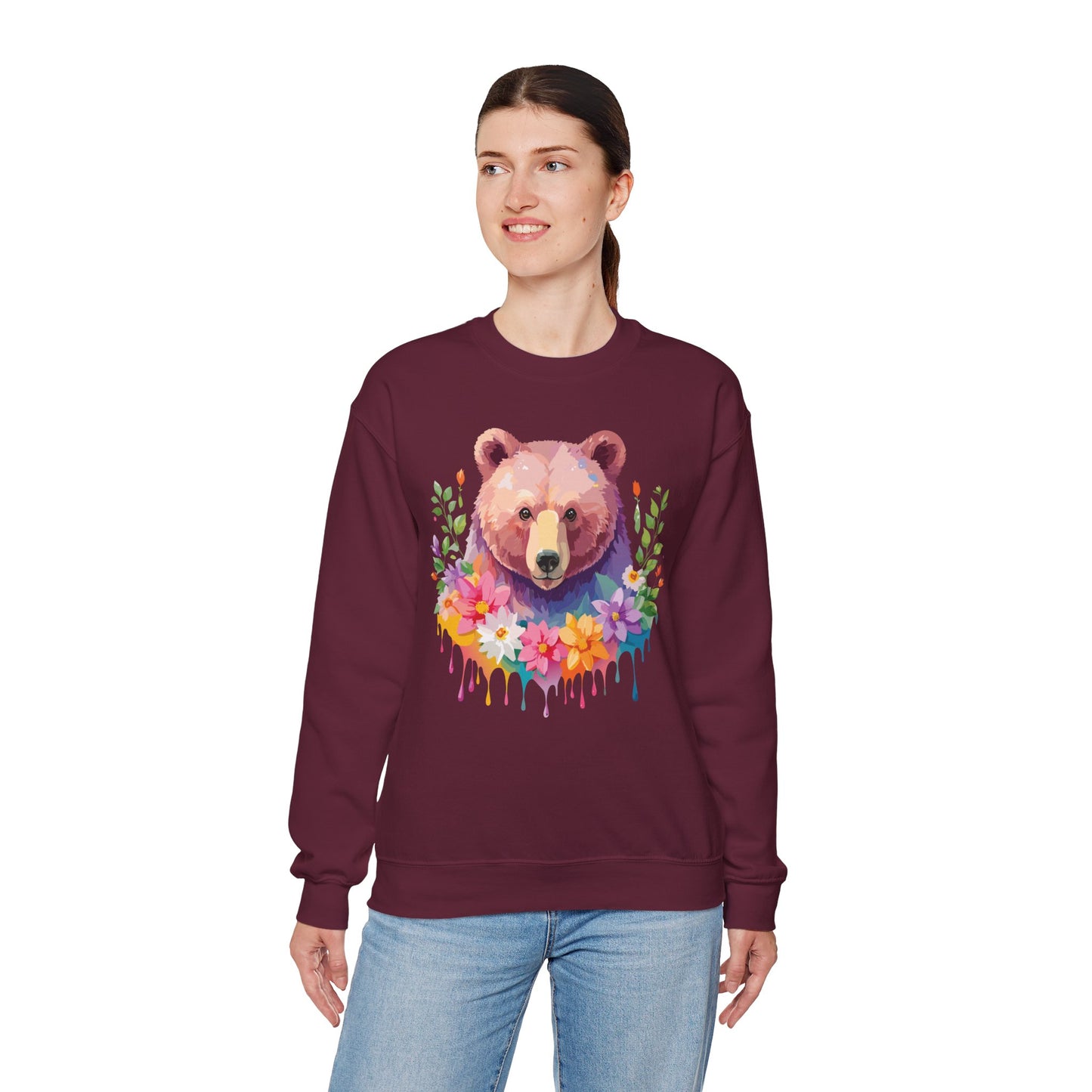 Unisex Floral Bear Sweatshirt, Animals Sweatshirt, Floral Sweatshirt, Art Design Sweatshirt