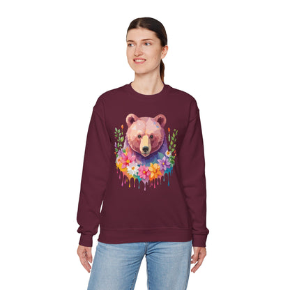 Unisex Floral Bear Sweatshirt Art Design Animals Sweatshirt Cozy Cotton Blend