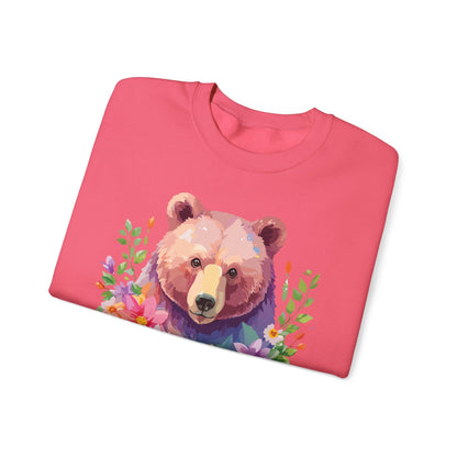 Unisex Floral Bear Sweatshirt Art Design Animals Sweatshirt Cozy Cotton Blend