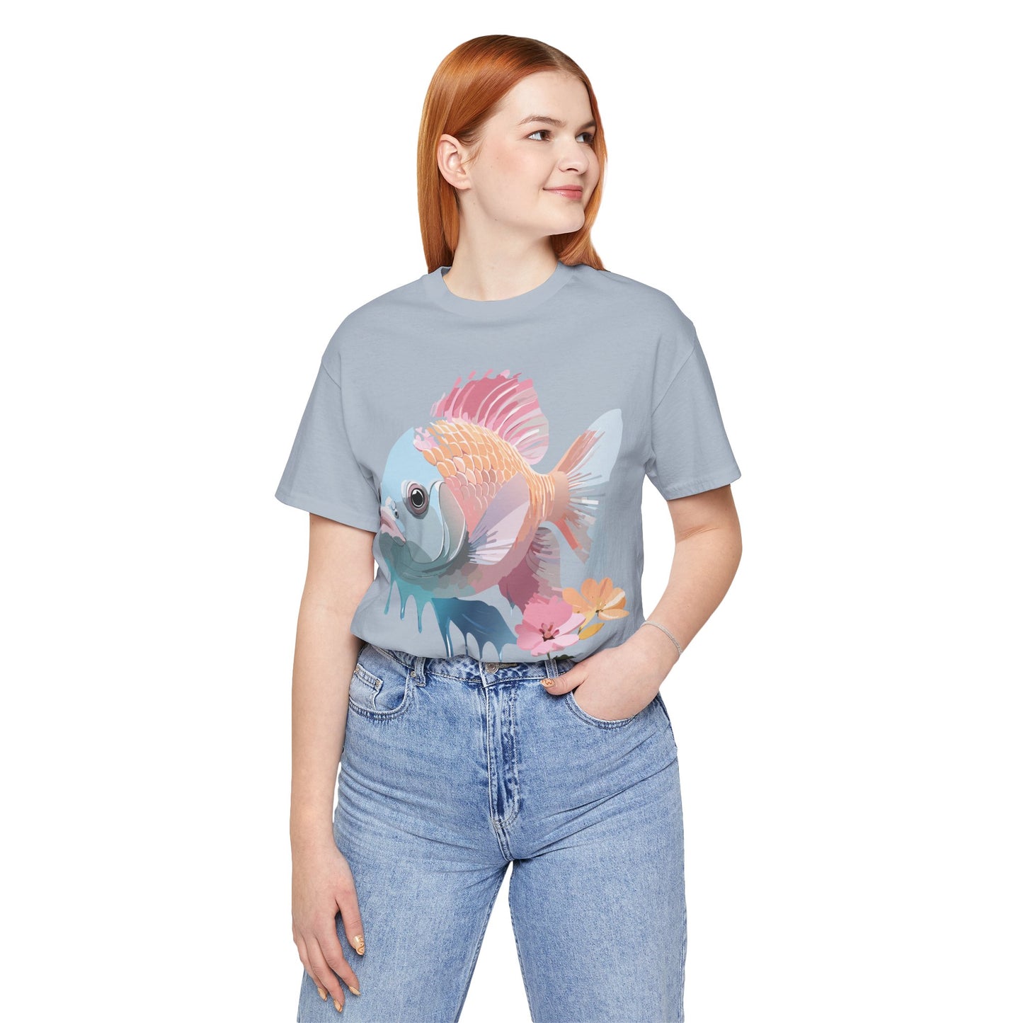 Natural Cotton Tee Shirt with Fish