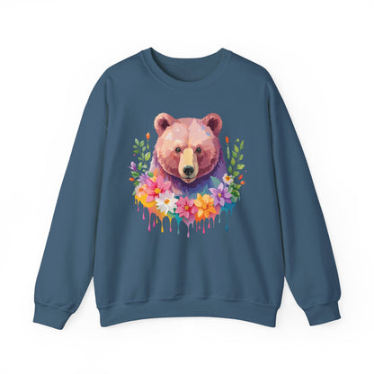Unisex Floral Bear Sweatshirt Art Design Animals Sweatshirt Cozy Cotton Blend