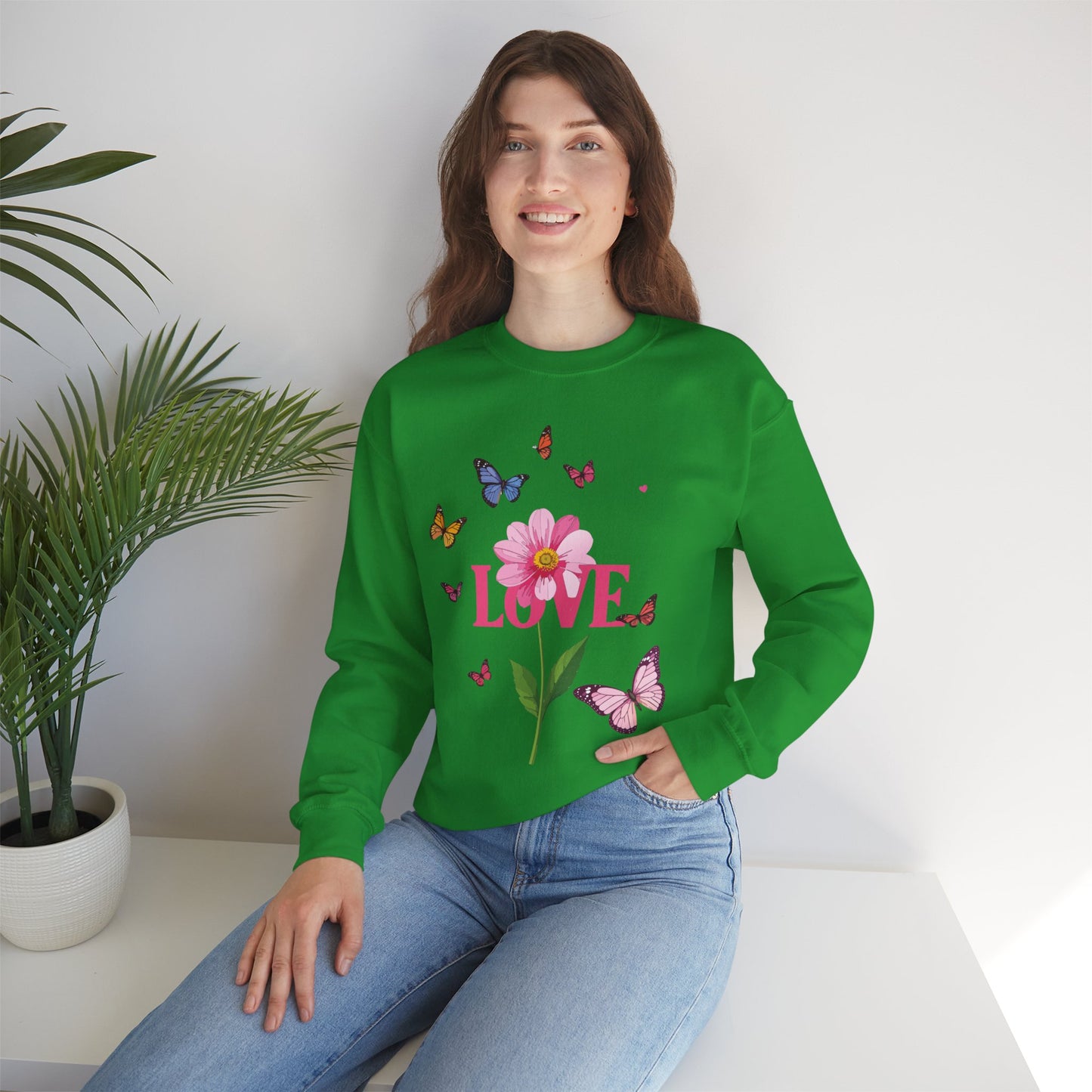 Unisex Floral Love Sweatshirt Valentines Day Cotton Poly Blend Butterfly