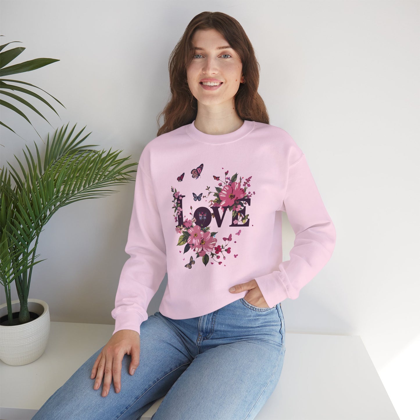 Unisex Floral Love Sweatshirt Fifty Fifty Cotton Poly Valentines Day Gift