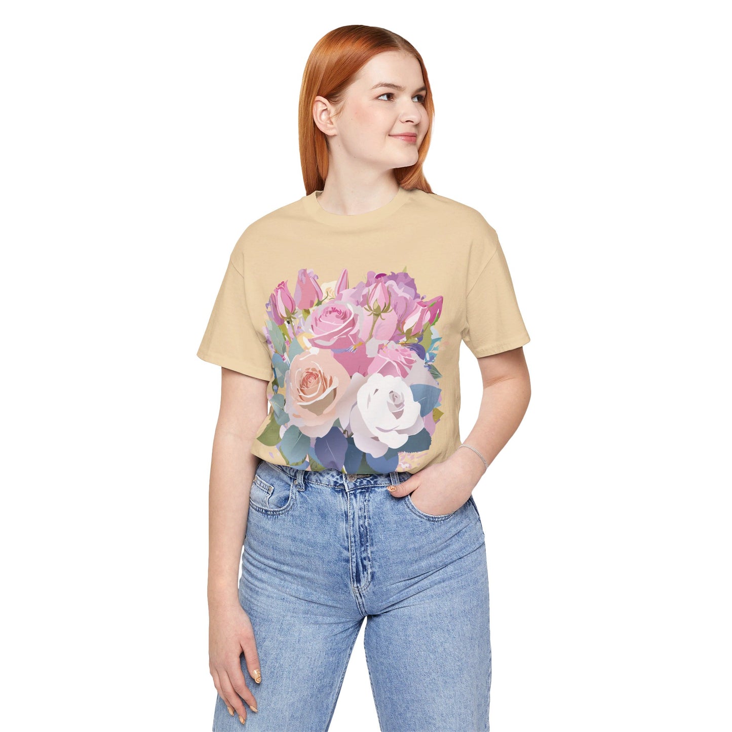 Natural Cotton Tee Shirt with Flowers