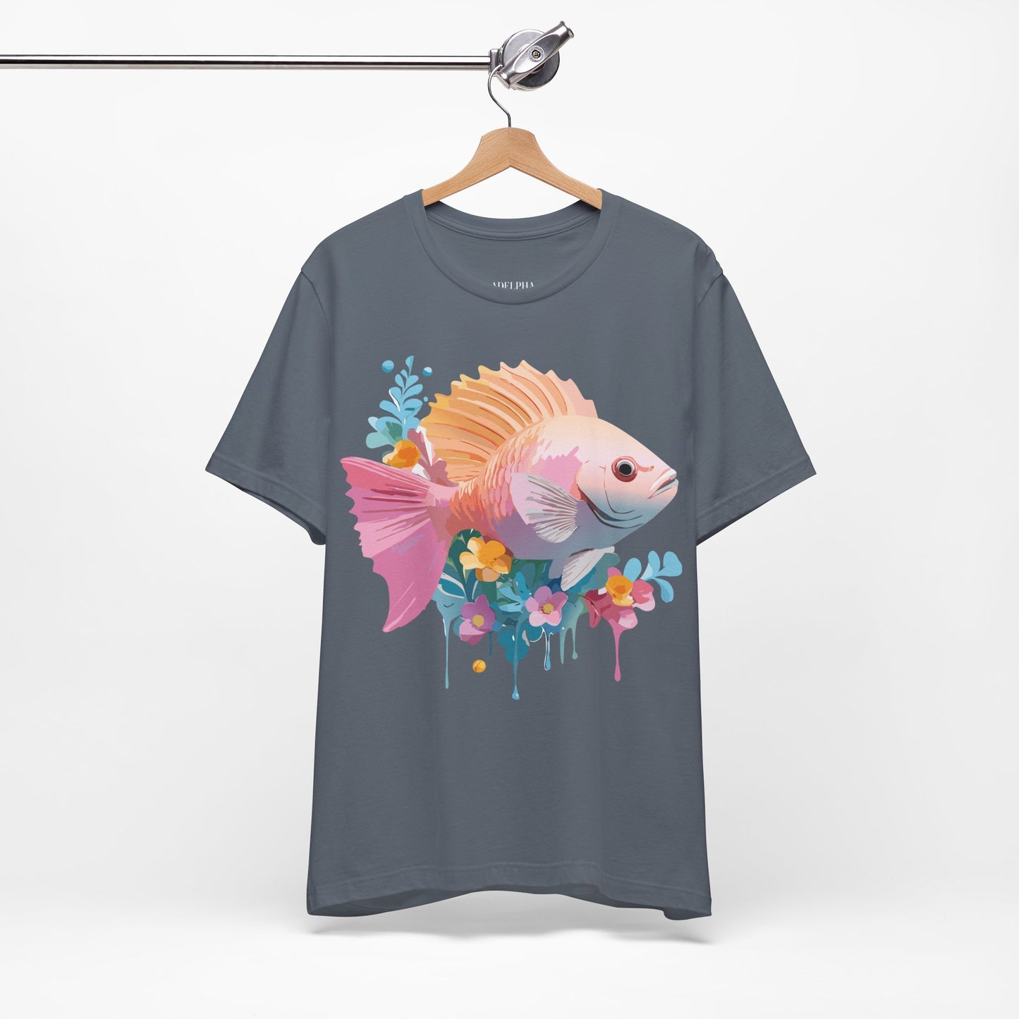 Natural Cotton Tee Shirt with Fish