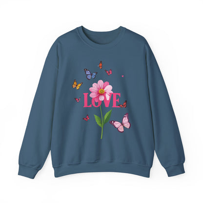 Unisex Floral Love Sweatshirt Valentines Day Cotton Poly Blend Butterfly