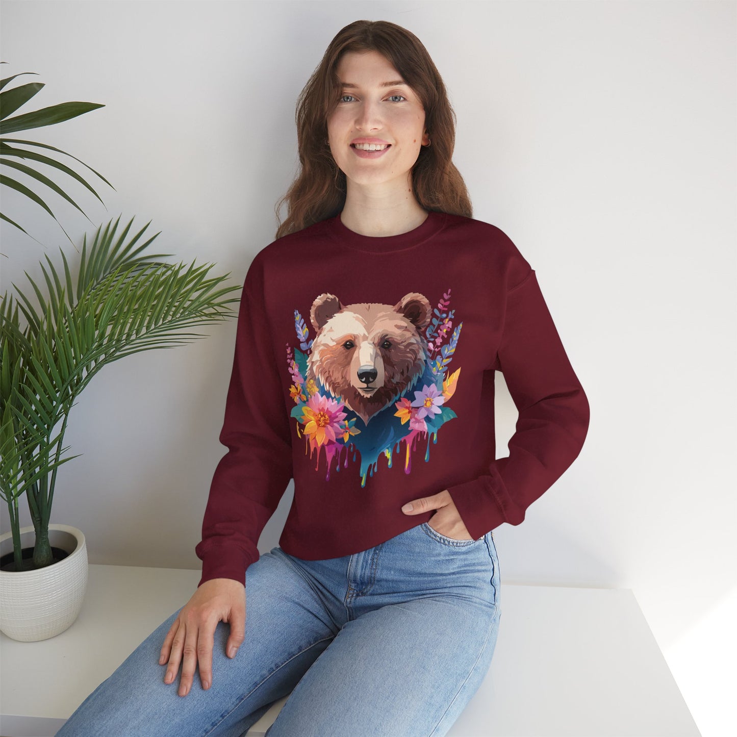 Unisex Floral Bear Sweatshirt, Animals Sweatshirt, Floral Sweatshirt, Art Design Sweatshirt