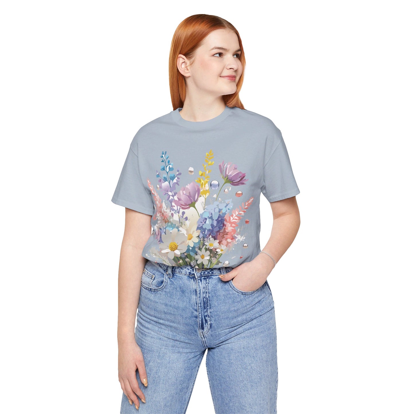 Natural Cotton Tee Shirt with Flowers