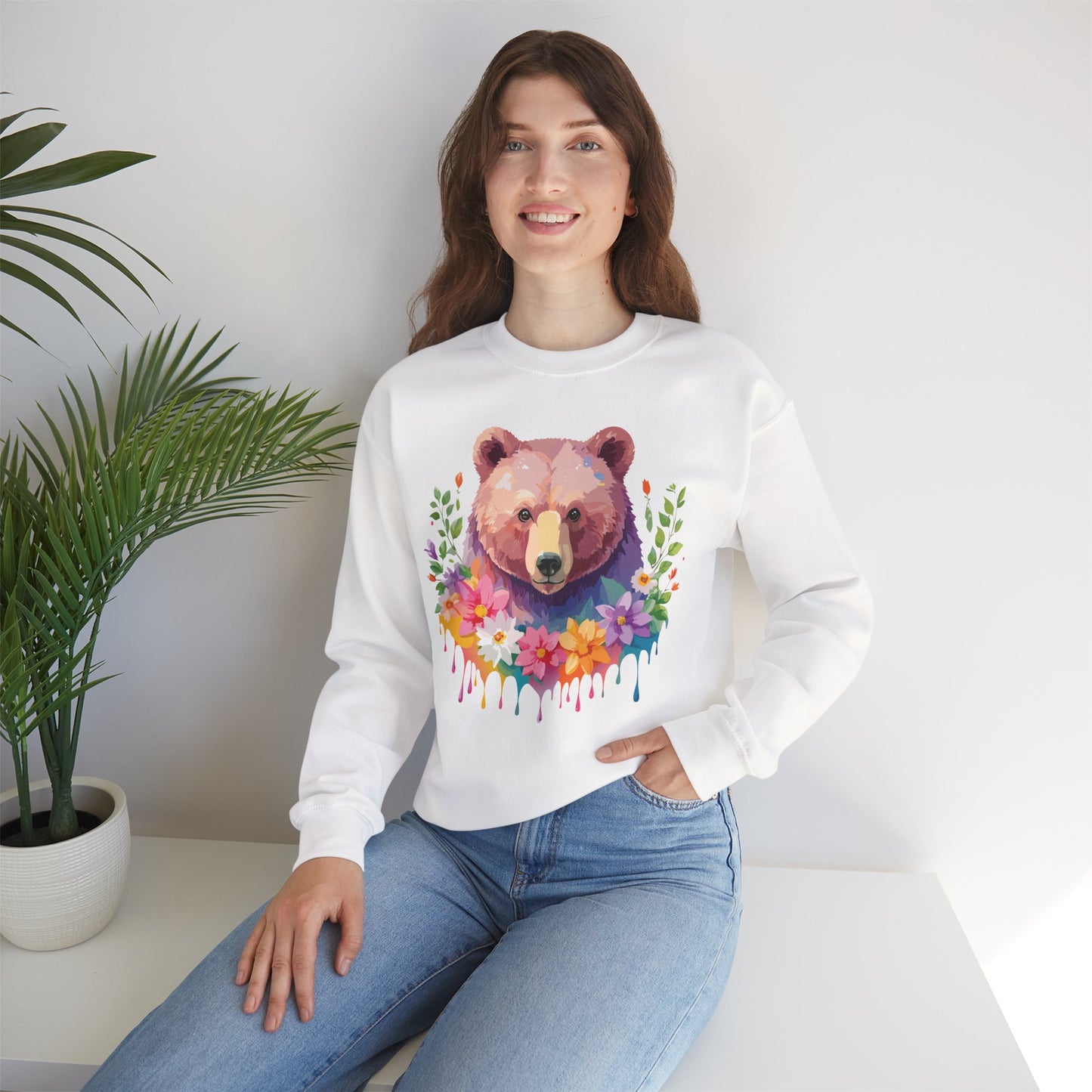 Unisex Floral Bear Sweatshirt, Animals Sweatshirt, Floral Sweatshirt, Art Design Sweatshirt