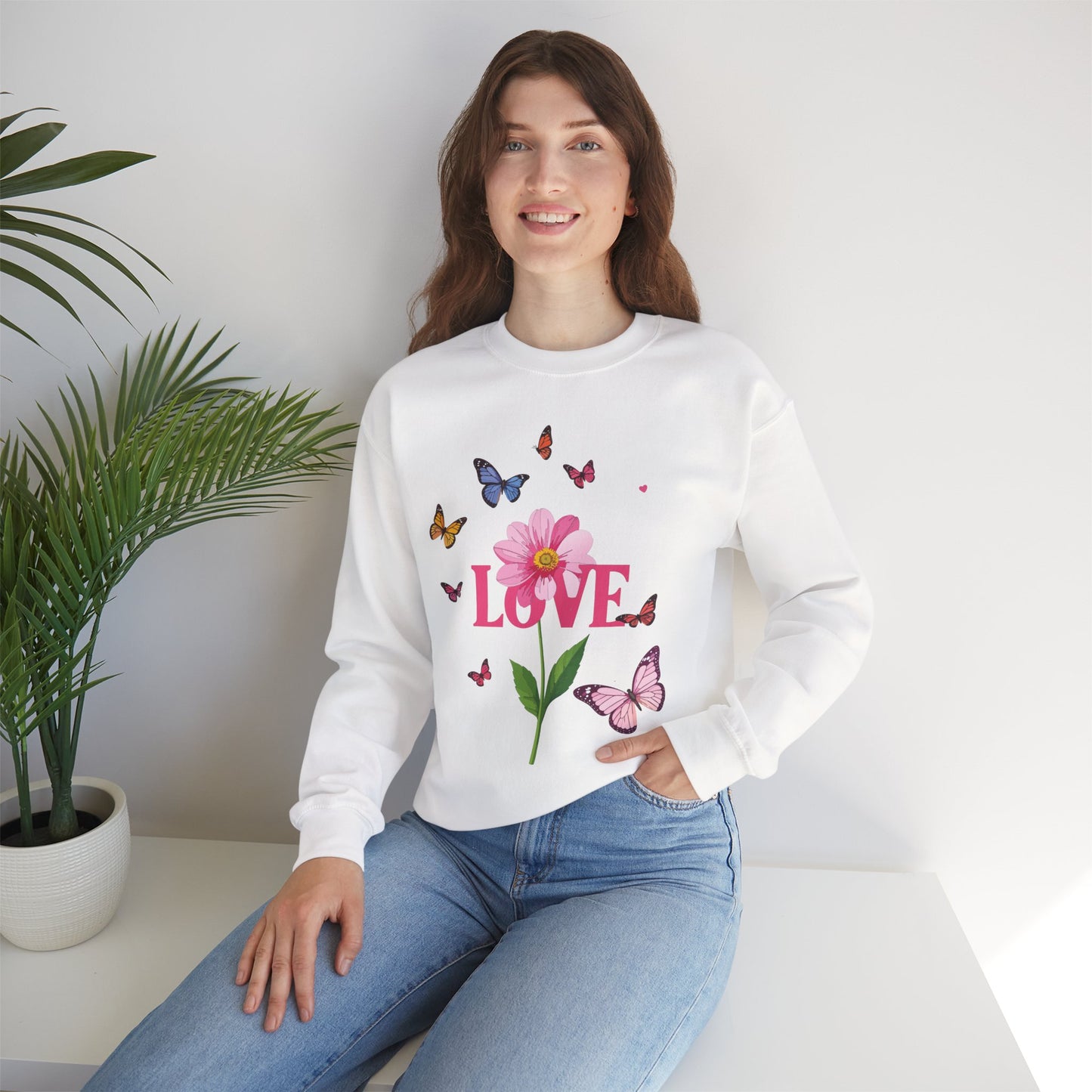 Unisex Floral Love Sweatshirt Valentines Day Cotton Poly Blend Butterfly