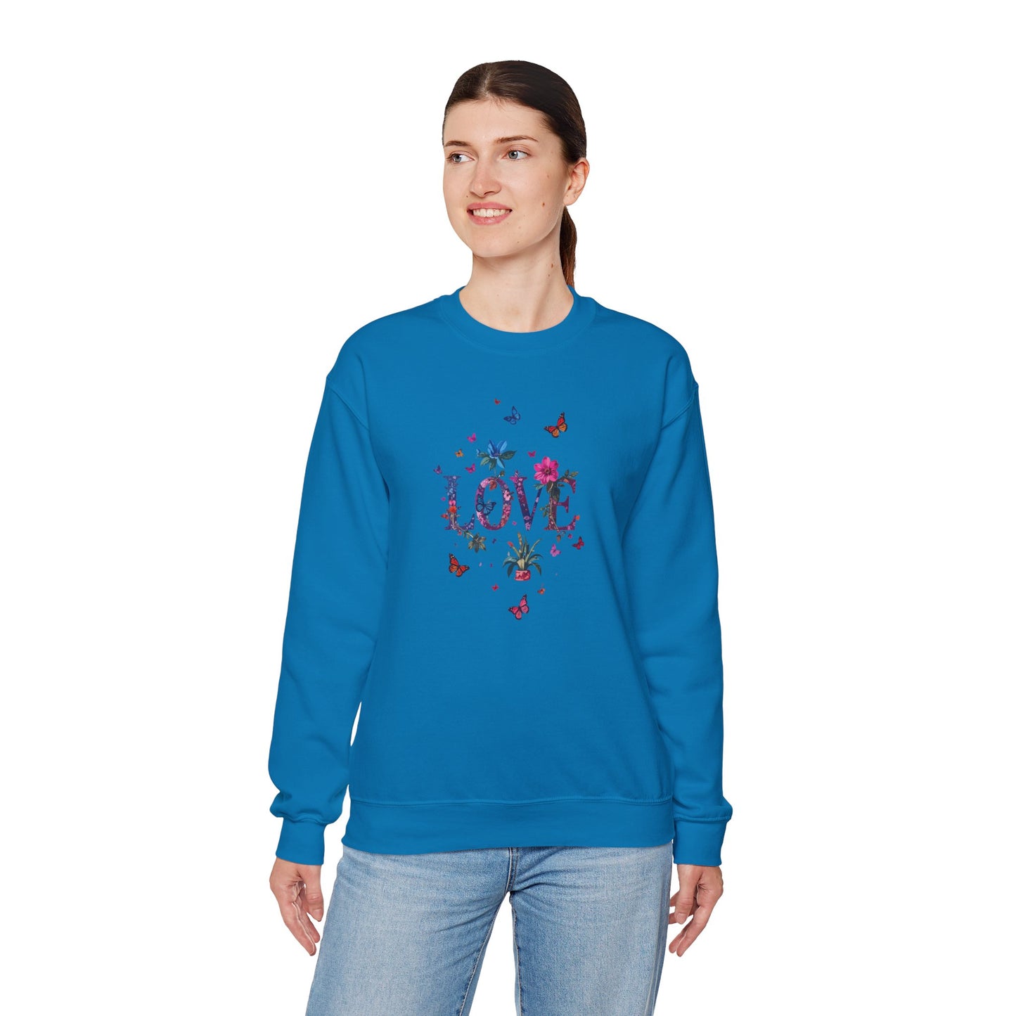 Unisex Floral Love Sweatshirt, Love Floral Sweatshirt, Floral Butterfly Sweatshirt, 50/50 Cotton-Poly Valentine's Day Sweatshirt 03