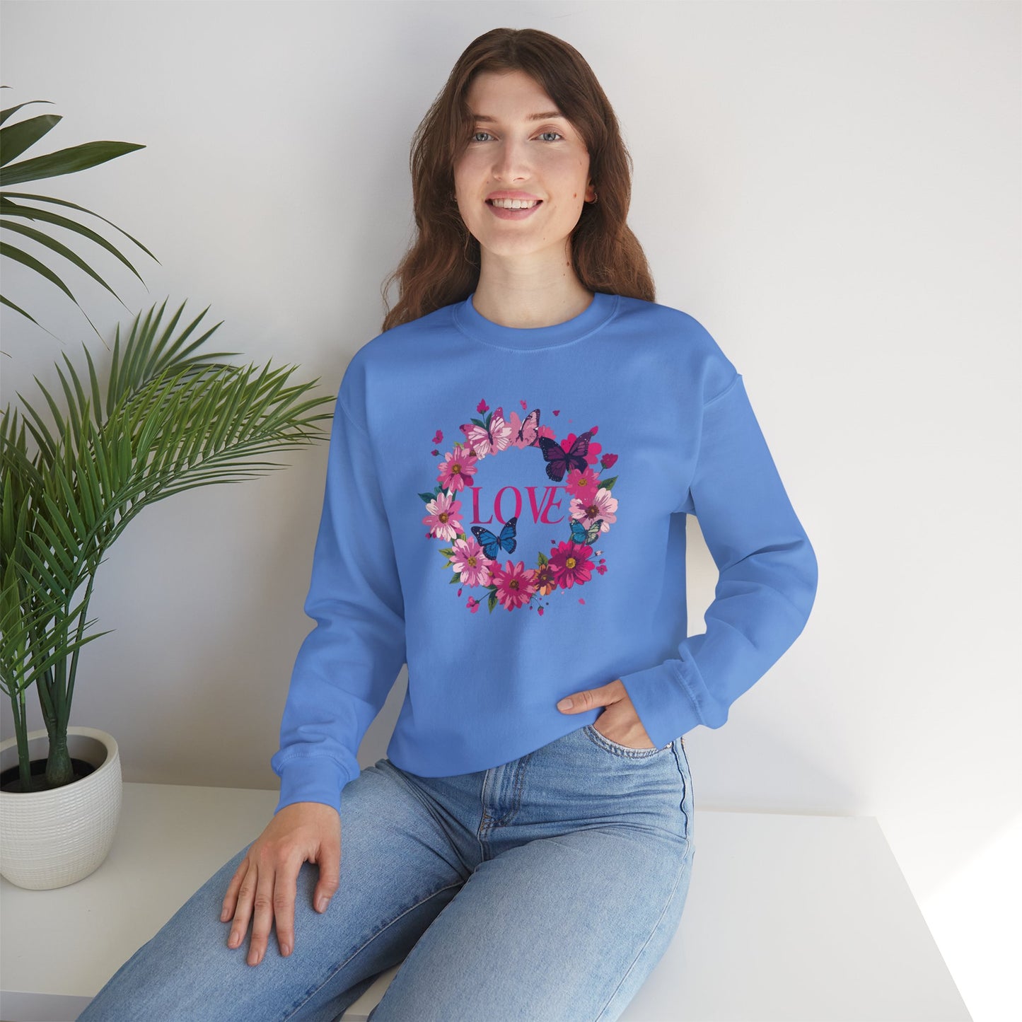 Unisex Floral Love Sweatshirt Butterfly Print 50 50 Cotton Poly Valentines Day