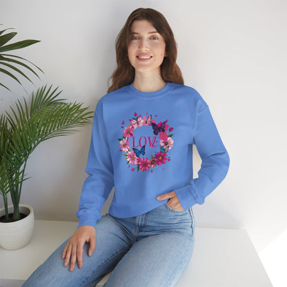 Unisex Floral Love Sweatshirt Butterfly Print 50 50 Cotton Poly Valentines Day