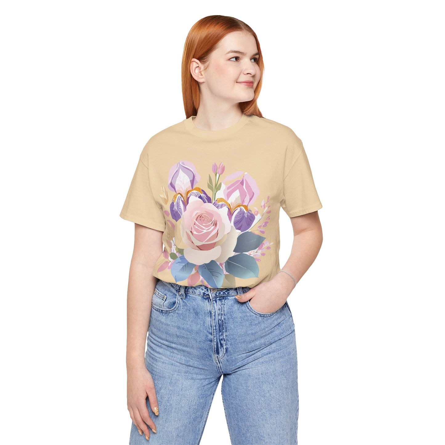 Natural Cotton Tee Shirt with Flowers