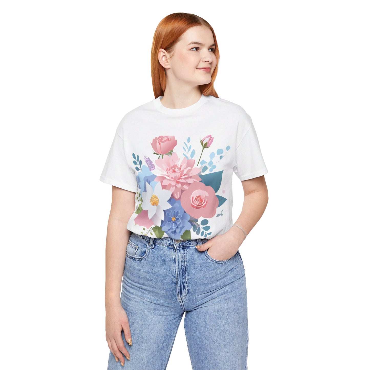 Natural Cotton Tee Shirt with Flowers