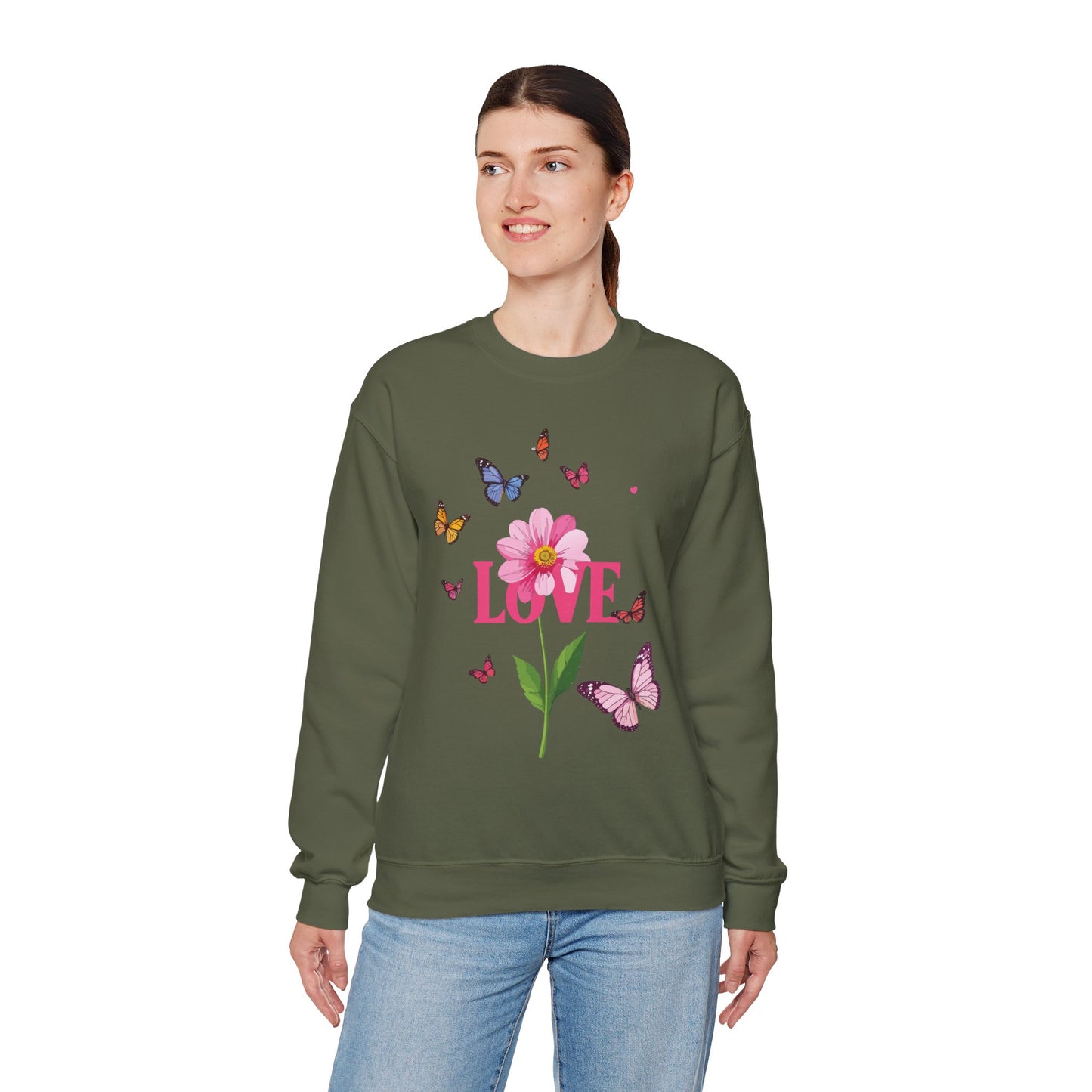 Unisex Floral Love Sweatshirt Valentines Day Cotton Poly Blend Butterfly