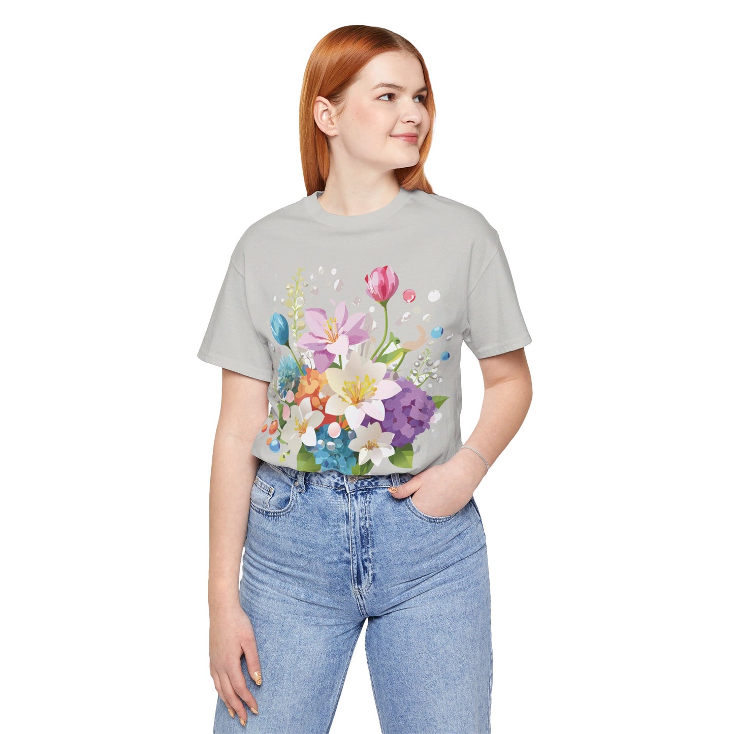 Natural Cotton Tee Shirt with Flowers