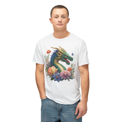 Dragon Art Tee Shirt Unisex Floral Print Cotton Tee USA Made