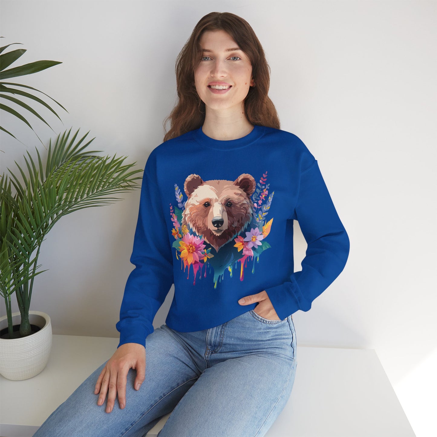 Unisex Floral Bear Sweatshirt, Animals Sweatshirt, Floral Sweatshirt, Art Design Sweatshirt