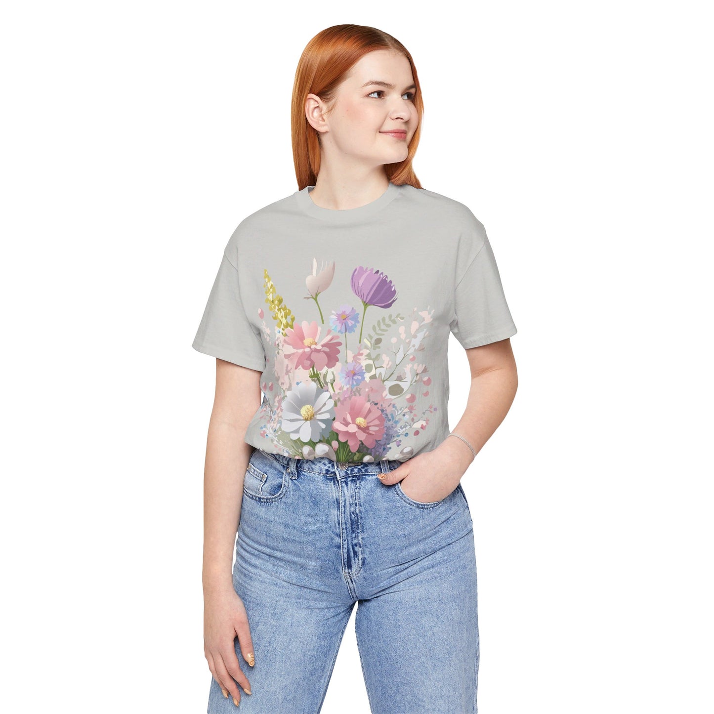 Natural Cotton Tee Shirt with Flowers