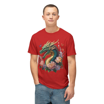 Dragon Art Design Unisex Cotton Tee With Floral Print Artwork And Dragon Graphic
