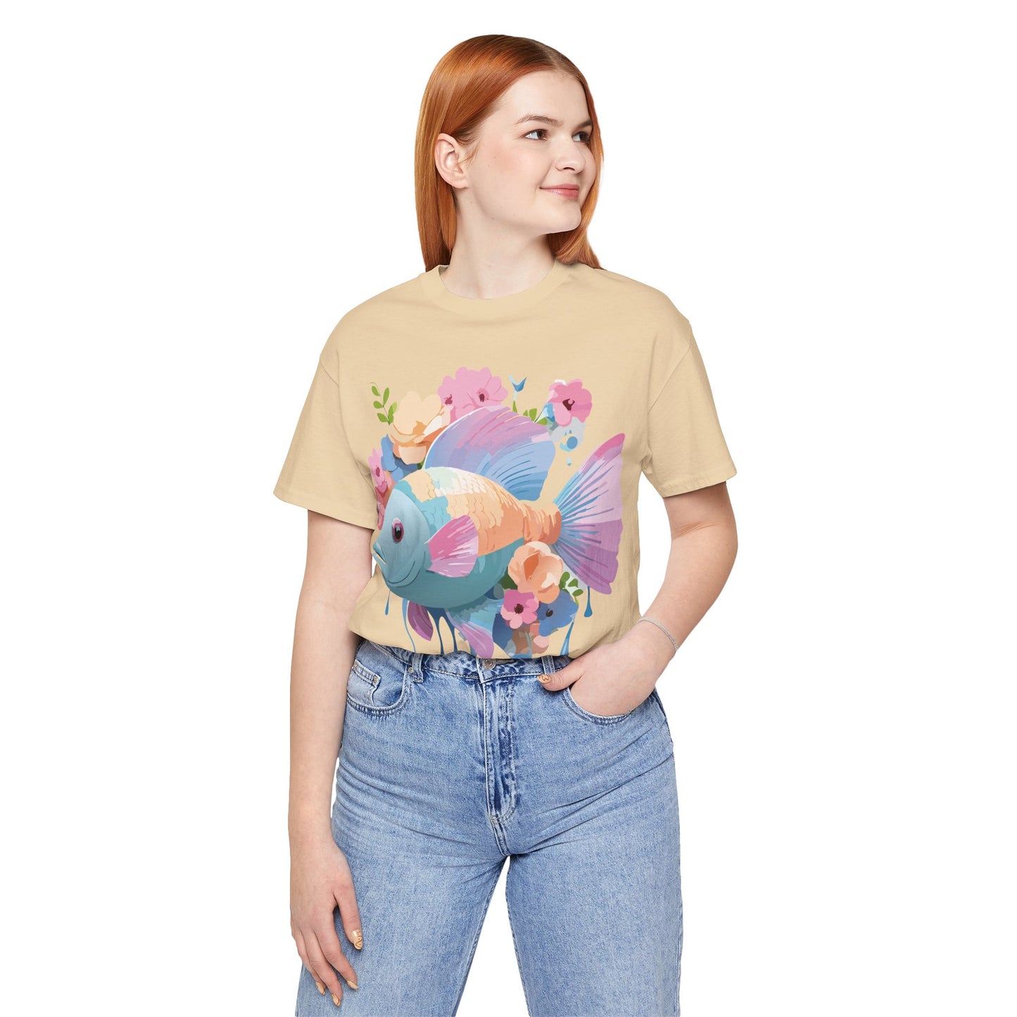 Natural Cotton Tee Shirt with Fish