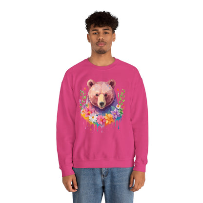 Unisex Floral Bear Sweatshirt Art Design Animals Sweatshirt Cozy Cotton Blend