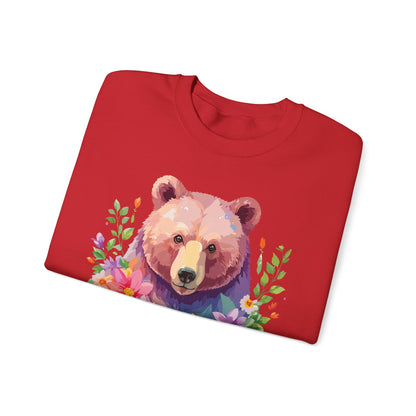 Unisex Floral Bear Sweatshirt Art Design Animals Sweatshirt Cozy Cotton Blend