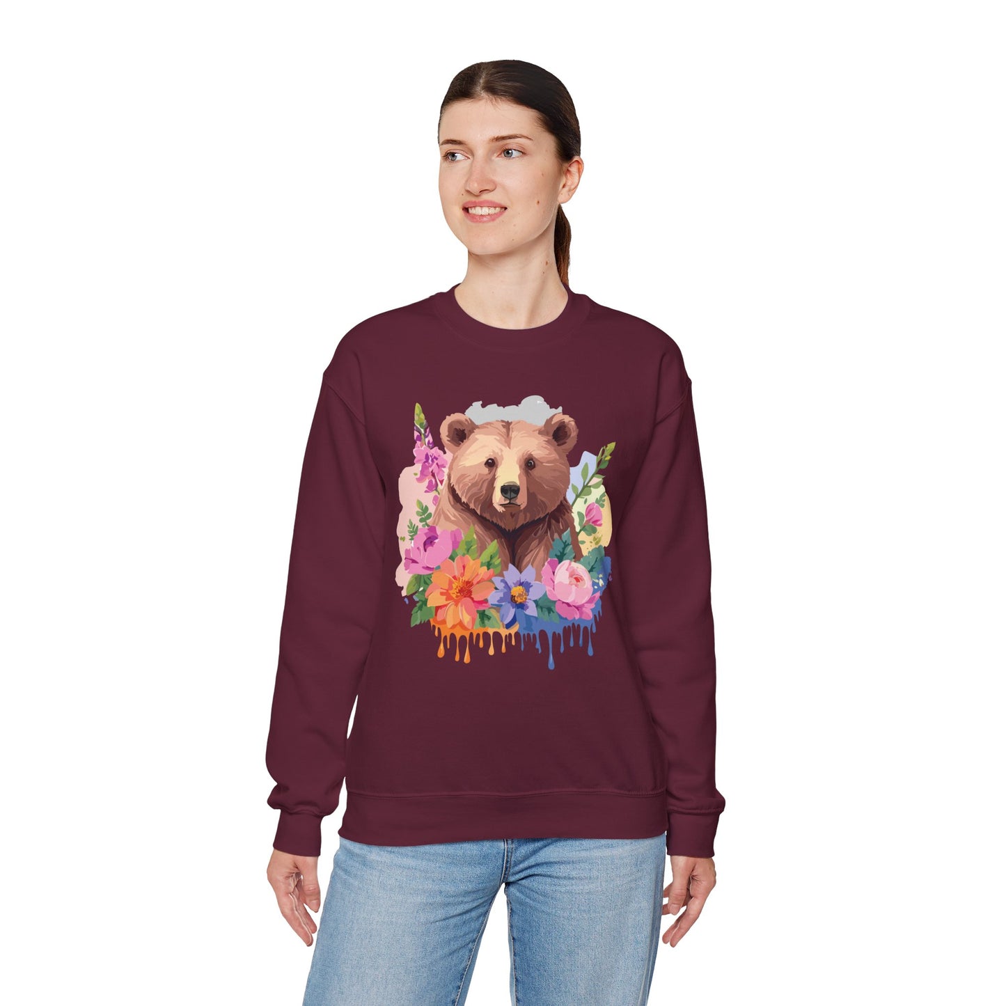 Unisex Floral Bear Sweatshirt, Animals Sweatshirt, Floral Sweatshirt, Art Design Sweatshirt