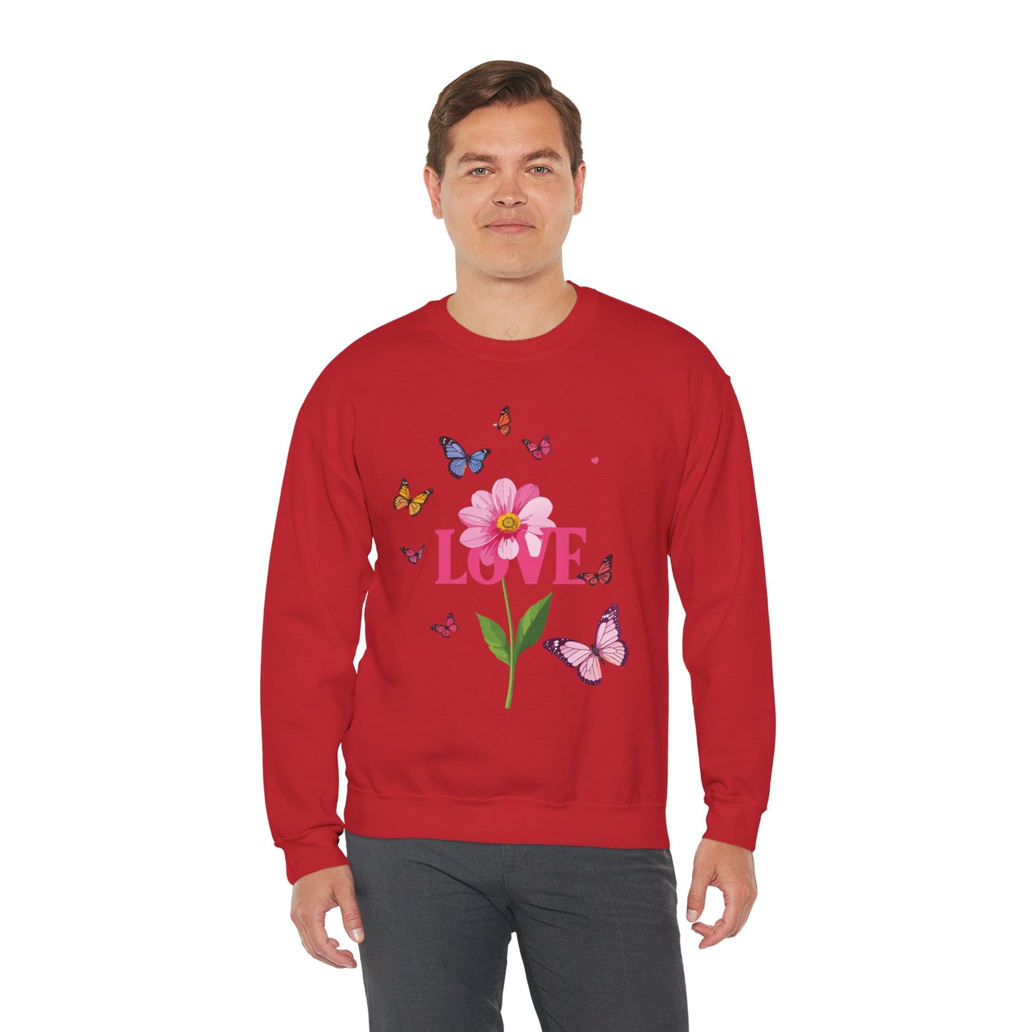 Unisex Floral Love Sweatshirt Valentines Day Cotton Poly Blend Butterfly